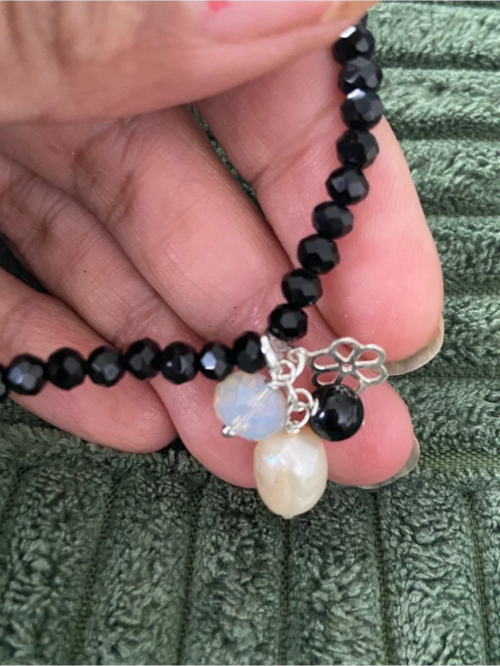 Black Faceted Bracelet agate, opalite, pearl and Flower Charms silver 925